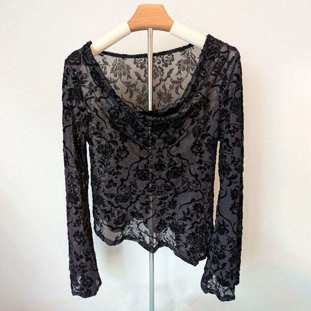 Sheer Velvet Floral Cowl Neck Bell Sleeve Asymmetrical Hem Whimsigoth Fairy Goth